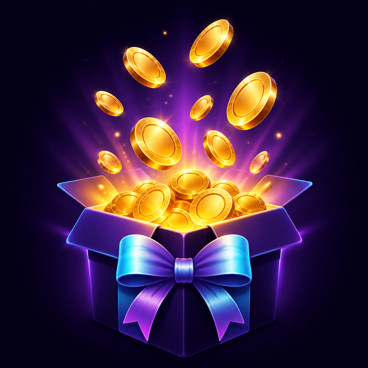Purple gift box overflowing with gold coins
